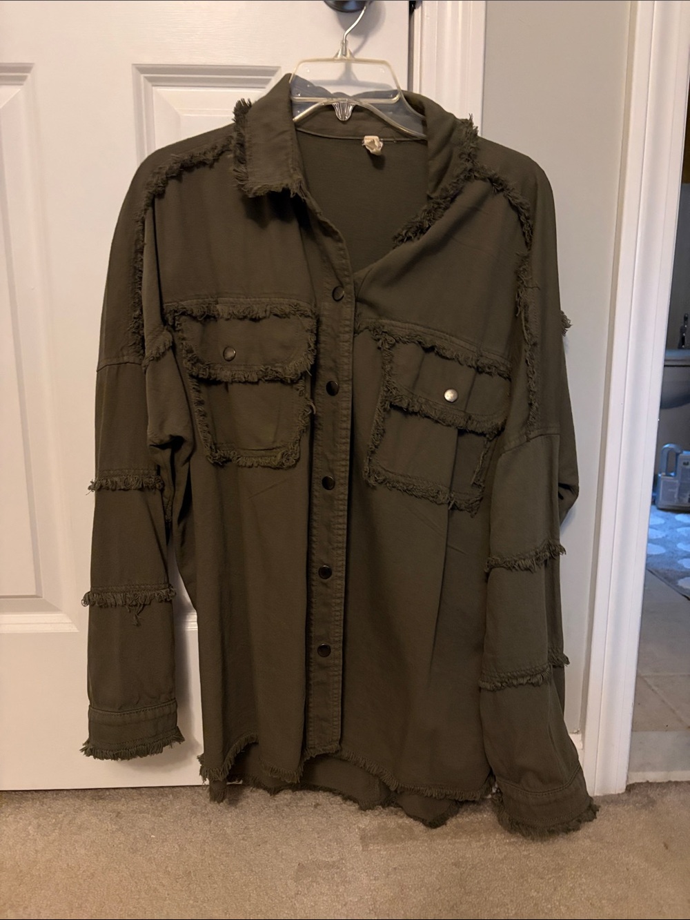 Elan Olive Green Frayed Trim Utility Shirt Jacket